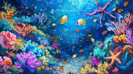 Caribbean Sea coral reef with bright tropical fish and starfish