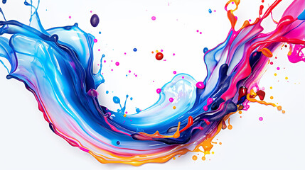 splashes of yellow, blue, purple paint in a wavy motion on a white background. Abstract wave liquid motion flow explosion. Curved wave colorful pattern with paint drops on white background 