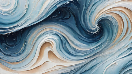 Abstract Ocean Backdrop Blue with Silvery Undertones, Swirling Sea Foam, Sand Details, & Marble Texture Perfect for Modern Banner Design