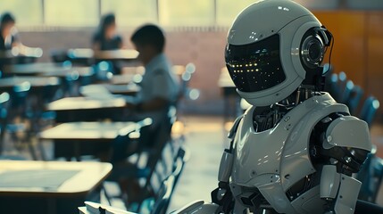 A robot from the future sits in a classroom with other students.