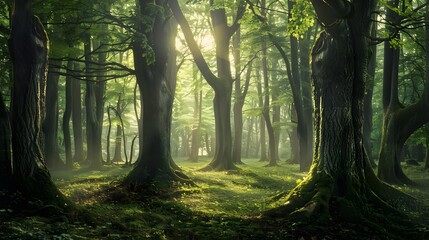 Fototapeta premium Forest Morning: Sunlight Through Trees