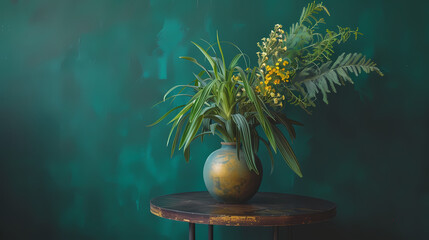 a table topped with a vase filled with plants gold and deep green --ar 16:9