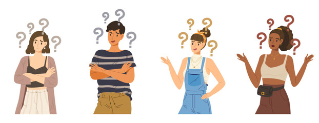 Set of young people acting a curious gesture with question mark over head. Concept of wondering, doubt person, thoughtful character, emotional expression. Flat vector illustration. Confused portrait.