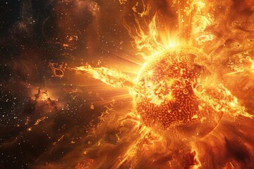 Obraz premium Solar flare on the Sun, causes magnetic storms on Earth