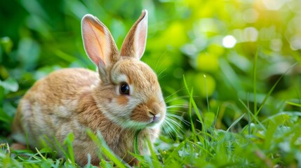 Cute little bunny in grass with ears up looking away 