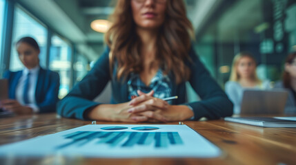 Fototapeta premium Focused businesswoman leading a meeting with colleagues, prominently displaying charts and teamwork in a modern office setting