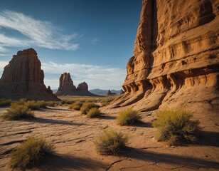 Explore the otherworldly landscapes of the desert with our image of dramatic rock formations carved by millennia of wind and water
