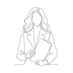 One line drawing. Business girl in a suit with a tablet