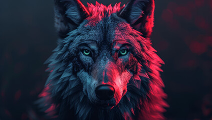 Vibrant Geometric Wolf Head with Pink Eyes on Dark Background