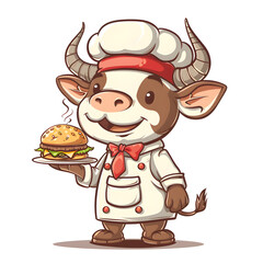 A cartoon bull is happily wearing a chefs hat, holding a hamburger with a smile. The illustration is a drawing of an animated cartoon fictional character in a joyful gesture