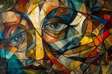 Combine elements of Surrealism and Cubism in a frontal view masterpiece Integrate Abstract Expressionism for dynamic movement and fluidity Add a touch of Baroque opulence and Rococ