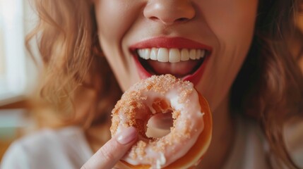 A woman sneakily indulging in a doughnut during her diet with the camera capturing a close up of her mouth - Powered by Adobe
