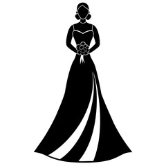 beautiful Bride with long dress  silhouette vector black silhouette, white background