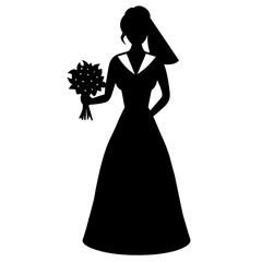 Fototapeta premium beautiful Bride with long dress silhouette vector black silhouette, white background