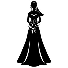 beautiful Bride with long dress  silhouette vector black silhouette, white background