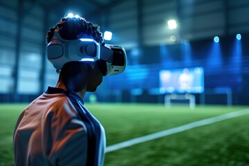 Person with VR headset at a soccer field at night.