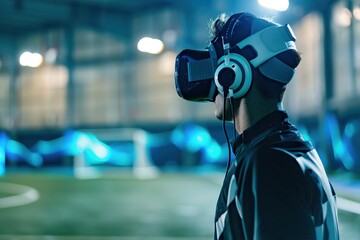 Person experiencing virtual reality on a soccer field at night.