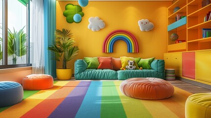 A colorful living room featuring a rainbow rug, with playful toys and educational elements for children