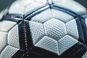 Close-up of a textured soccer ball with distinct black and white pattern.