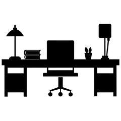 office desk silhouette in various styles, focusing on black colour silhouette 