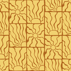 Retro groovy sun backgrounds. Abstract sunrays seamless pattern. Vector aesthetic contemporary illustration for textile prints.