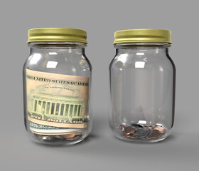 Glass jars with coins and money, isolated - savings concept

