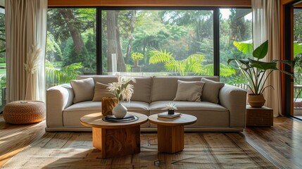 Fototapeta premium A living room filled with furniture, including a vinyl sofa and recycled wood coffee table, with a large window providing ample natural light