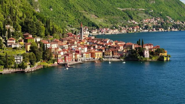 Aerial view of Varenna, Italy and Lake Como in daylight