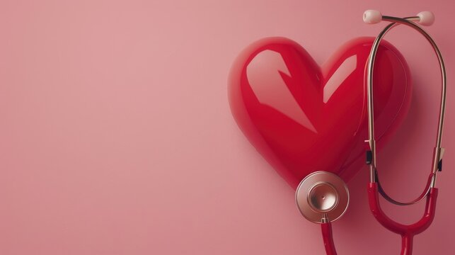 A vibrant red heart adorned with a stethoscope stands out against a soft pink backdrop symbolizing the importance of heart health and the link to health insurance This image resonates with 