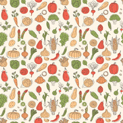 Seamless pattern on a light background with hand-drawn vegetables