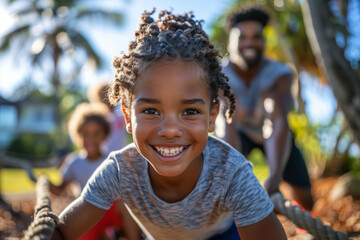 A family enjoys an exhilarating game of tug of war on a sunny day, filled with laughter and competitive spirit. AI Generated.