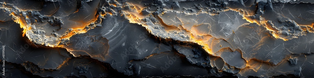 Poster Highly detailed close-up texture of a black marble surface with intricate fractal patterns,cracks,and rich gold accents,showcasing the natural beauty