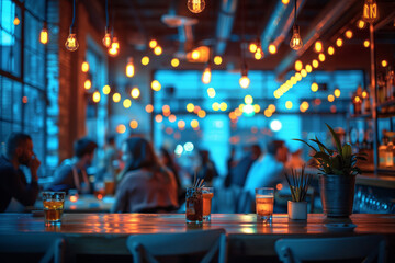 An inviting bar atmosphere with vibrant lighting perfect for a relaxed networking event. AI Generated.