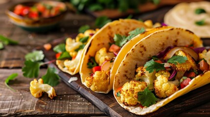 Roasted coconut cauliflower tacos. Healthy, vegan meal. Close up, side view on a wooden background