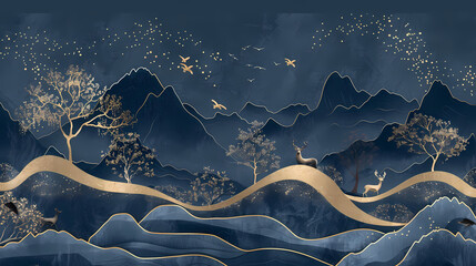 Dark blue mural wallpaper from the contemporary era Christmas tree, mountain, deer, birds, and waves of gold on a dark blue backdrop depicting a jungle or forest --ar 16:9