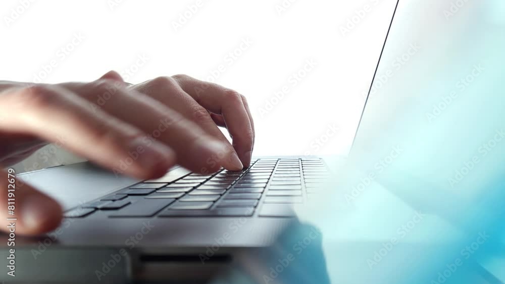 Poster view of man's hands typing close up. selective focus slow motion 4k uhd video.