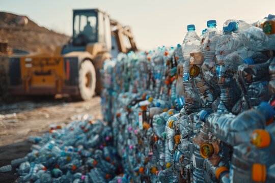 Large Pile of Plastic Bottles Next to Bulldozer