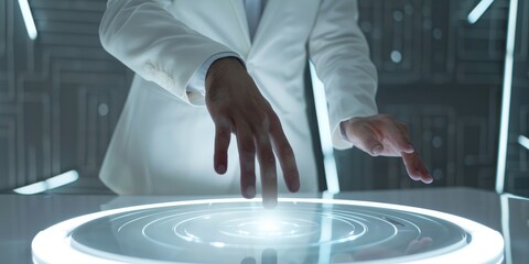 The photo shows a person in a white lab coat using a futuristic touch screen interface.