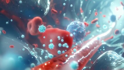 Red blood cells rush past the camera, creating a flowing river of life. Suddenly, menacing viral particles emerge, studded with spikes, swirling and tumbling through the bloodstream - Powered by Adobe