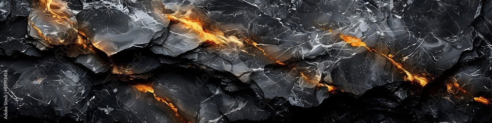 Poster dramatic black marble texture with fiery fractal patterns depicting intense geological forces and ch