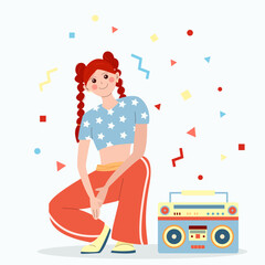 y2k character, 90s, girl with tape recorder, elements background, vector illustration