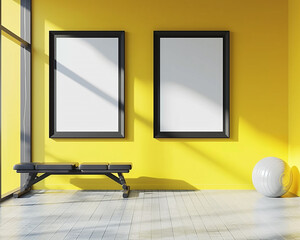 Contemporary gym with two blank posters in dynamic black frames spotlighted on a bright yellow wall ideal for fitness program ads or motivational quotes