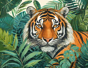 Tropical jungle art print design with tiger, illustration.	