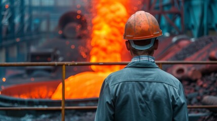 Steel mill worker looking at molten metal