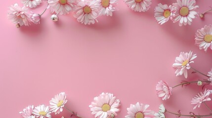 White daisies on pink background, cheerful floral pattern