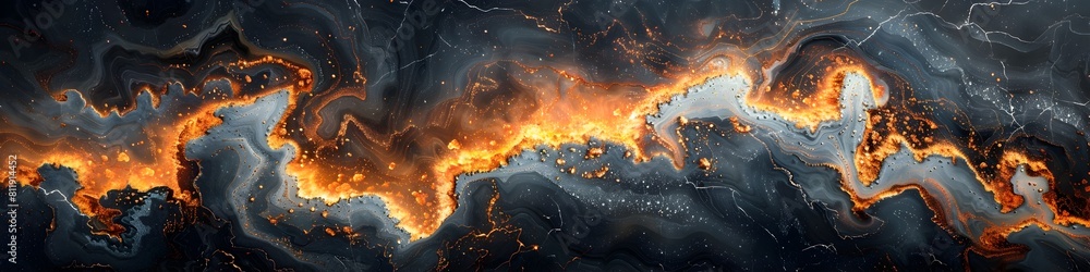 Fototapete dramatic black marble texture background with fiery swirling patterns and intricate fractal details,