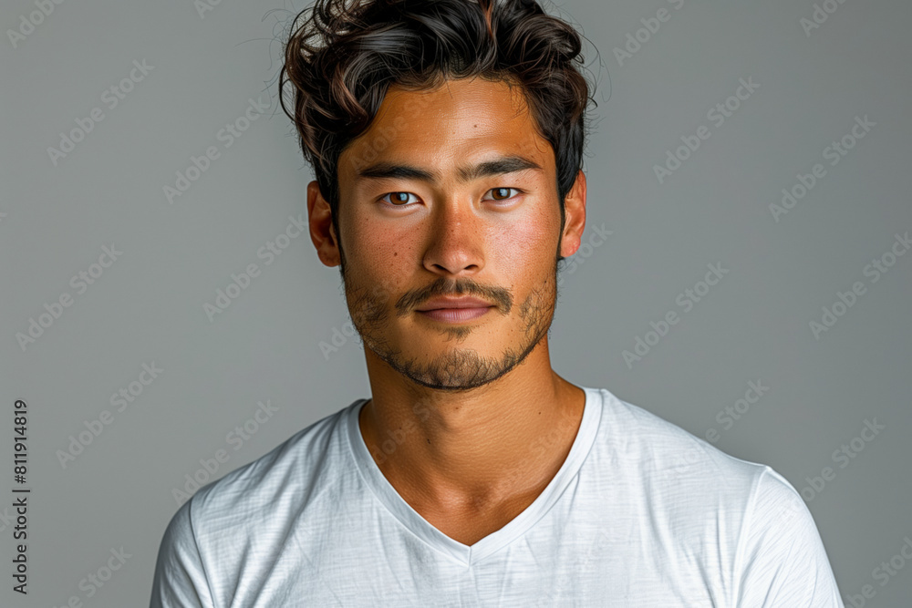 Sticker Asian man with a beard, wearing plain white t-shirt on a minimalist grey background, copy space