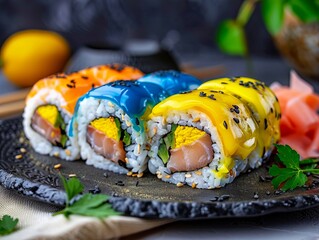 A plate of sushi with colorful toppings. - obrazy, fototapety, plakaty
