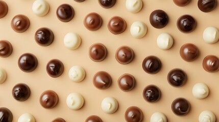 Fototapeta premium Arrange white milk and dark chocolate candies closely together on a beige background