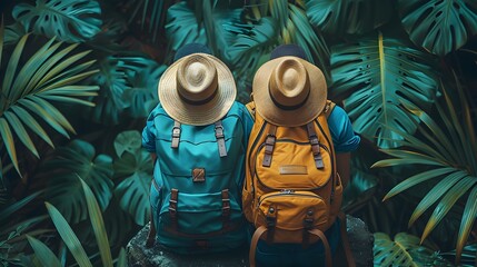 Vibrant Duo in Flat Design Travel Theme Animation Utilizing Complementary Color Scheme - obrazy, fototapety, plakaty